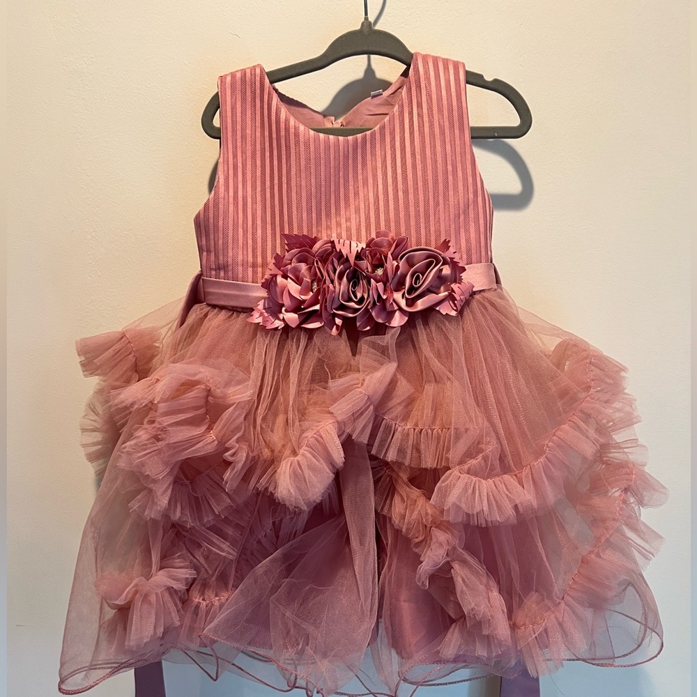 Pink Ruffled Tulle Dress with Floral Accent 18m